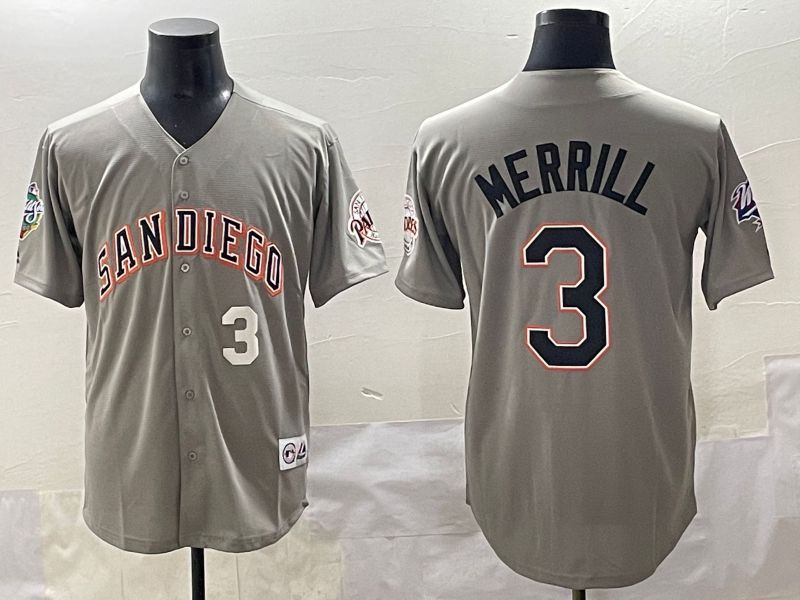 Men 2025 San Diego Padres 3 Merrill Grey Throwback Game Nike MLB Jersey style 2